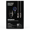 Black retail packaging box for a GPWE high-power universal model USB-C dual port fast charger, showing product graphics and charging feature text on a white background.