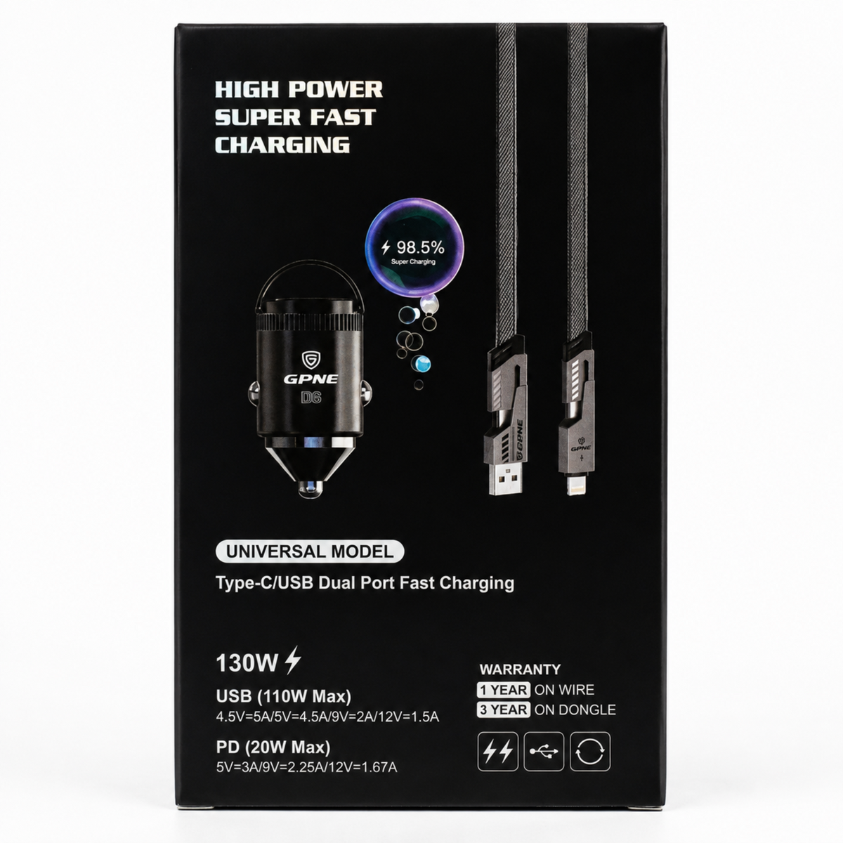 Black retail packaging box for a GPWE high-power universal model USB-C dual port fast charger, showing product graphics and charging feature text on a white background.