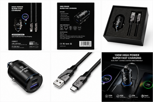A collage showing a black car charger and its accessories from multiple angles, including the product box, the charger itself, a USB-C cable, and a black display panel with promotional text for 130W super fast charging.