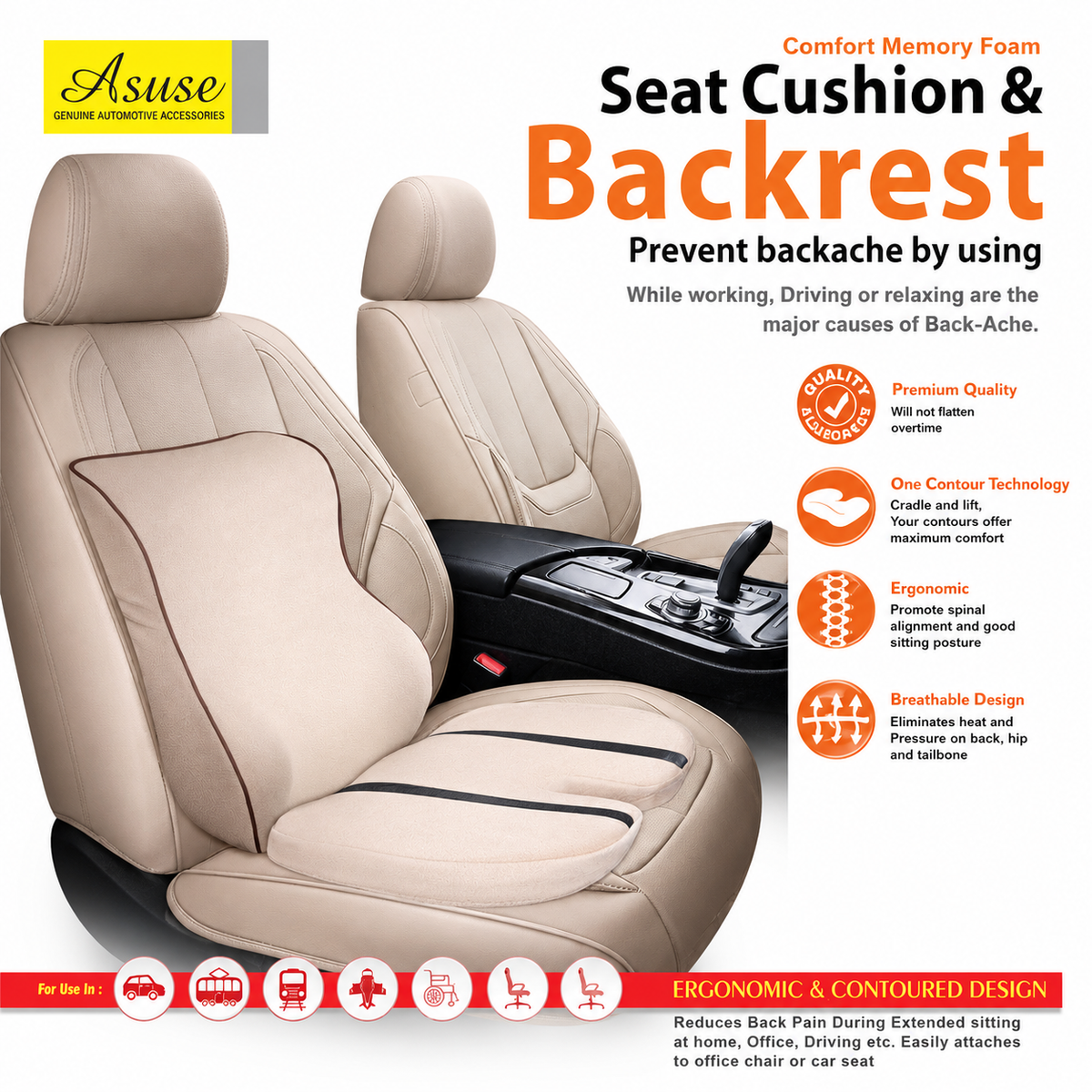 Asuse Back Rest For Car | Memory Foram